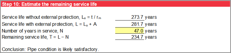 Step 10 of Steel and Aluminum Pipe worksheet: Remaining service life.